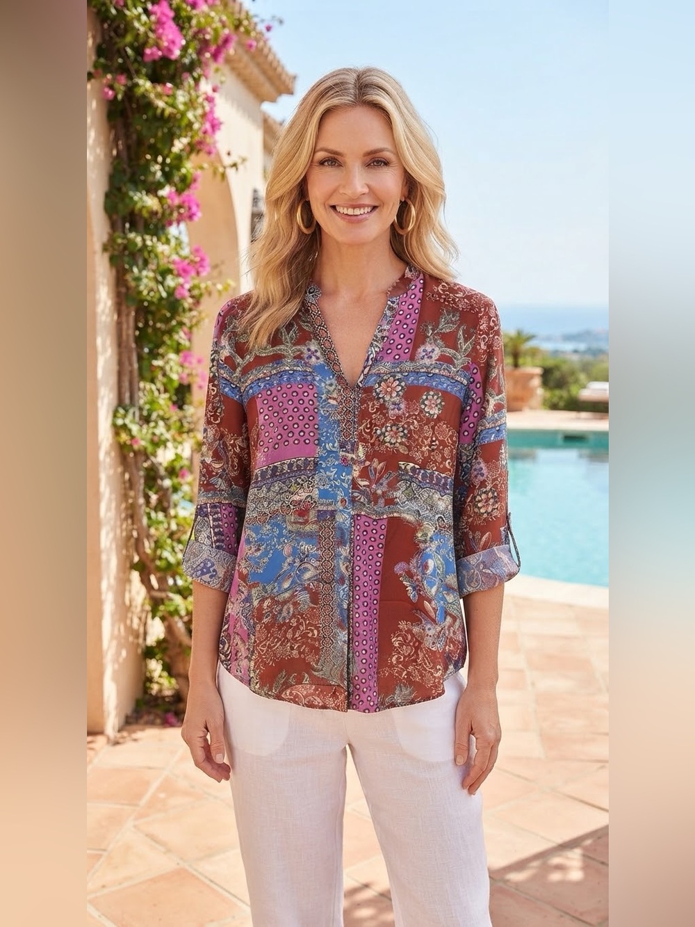 SIZE 6 Joan Rivers® NEW Women's Patchwork Paisley Long Sleeve Button Down Shirt